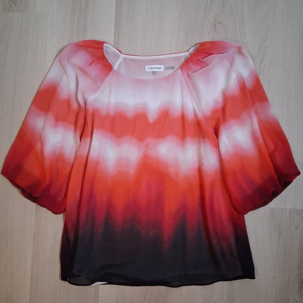 Calvin Klein Womens Ombre Tie Dye Chiffon Blouse Top Size Small 3/4 Puff Sleeve